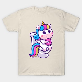 Cute Unicorn Eating Donut In Toilet Cartoon T-Shirt